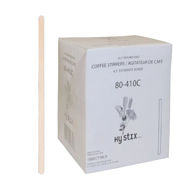 4.5 Inch Wooden Coffee Stir Sticks Round End - 1000