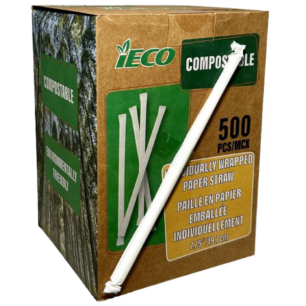 7.75 Inch Paper Straw White Individually Wrapped - 6 x 500