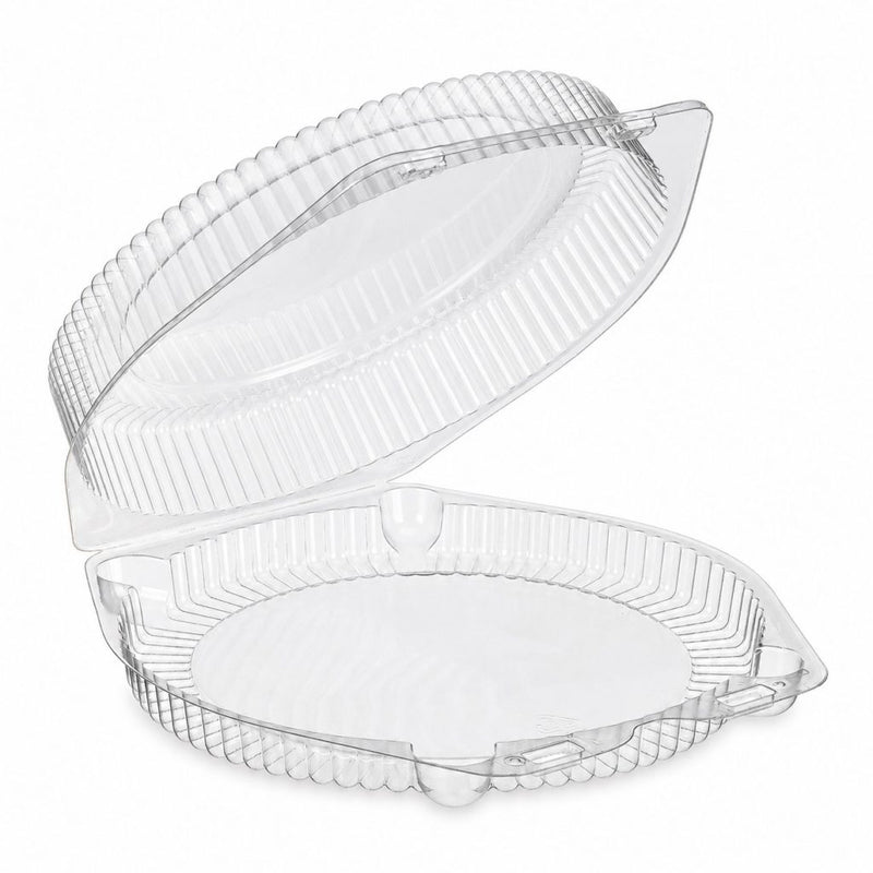 Clear plastic round clamshell container with a ribbed lid, shown open on a white background.