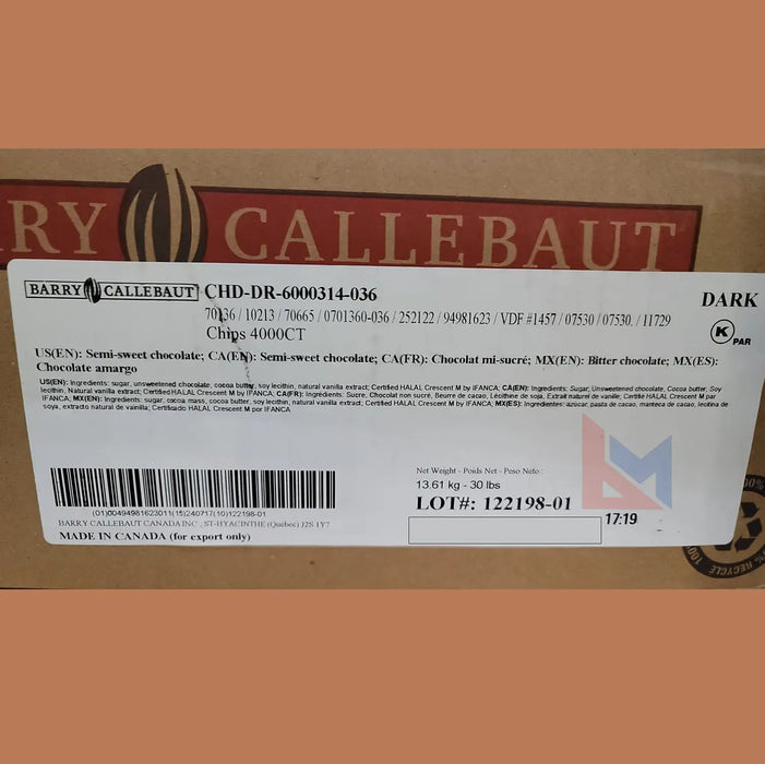 Barry Callebaut - Semi Sweet Dark Chocolate Chips 4000 Count - 30 Lbs