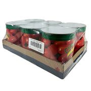 Carton of cherry tomatoes with a visible brand label on a white background