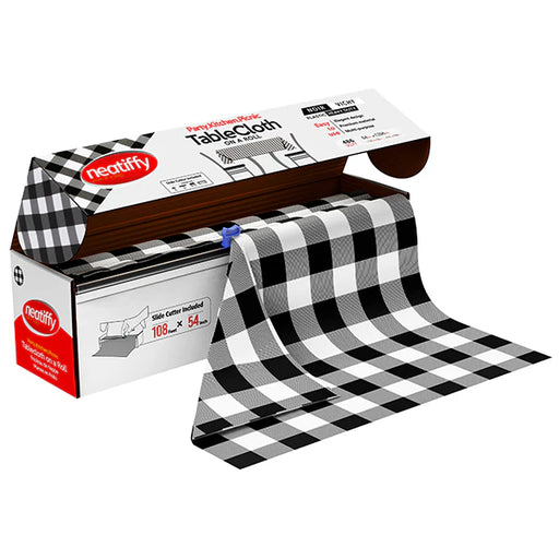 Disposable Plastic Tablecloth Roll Black Checkered 54" x 108 Ft - Each
