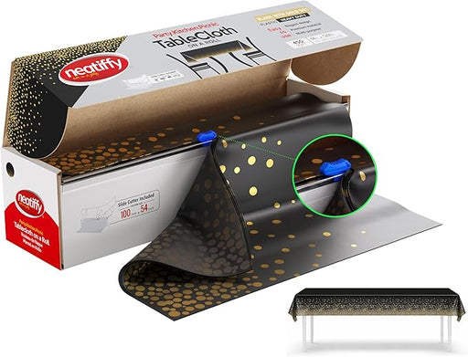 Disposable Plastic Tablecloth Roll Black Gold Dots 54" x 100 Ft - Each