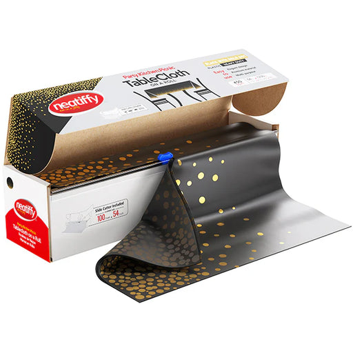Disposable Plastic Tablecloth Roll Black Gold Dots 54" x 100 Ft - Each
