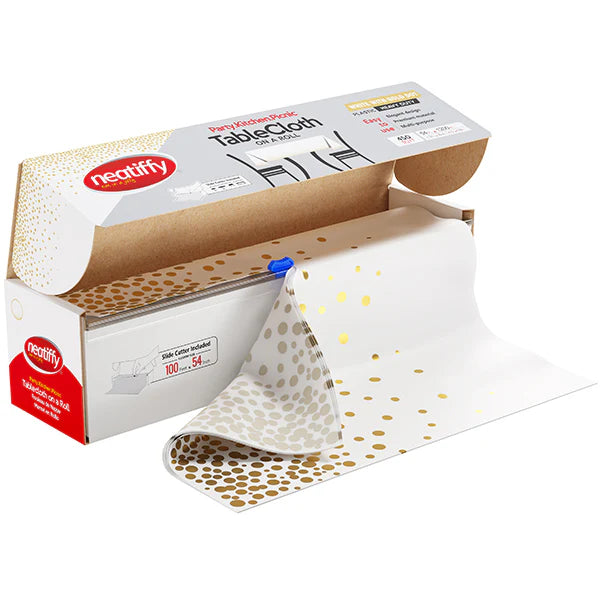 Disposable Plastic Tablecloth Roll White Gold Dots 54" x 100 ft - Each