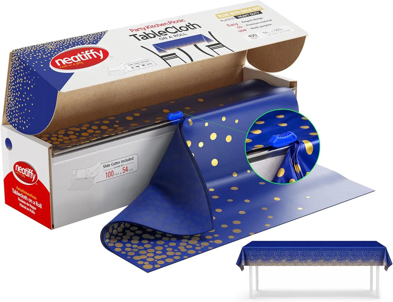 Disposable Plastic Tablecloth Roll Blue Gold Dots 54" x 108 ft - Each