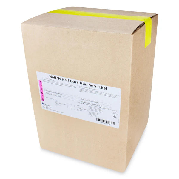 A large brown kraft paper box with a white label reading 'Half 'N Half Dark Pumpernickel' and a bright yellow tape seal across the top, shown on a white background.