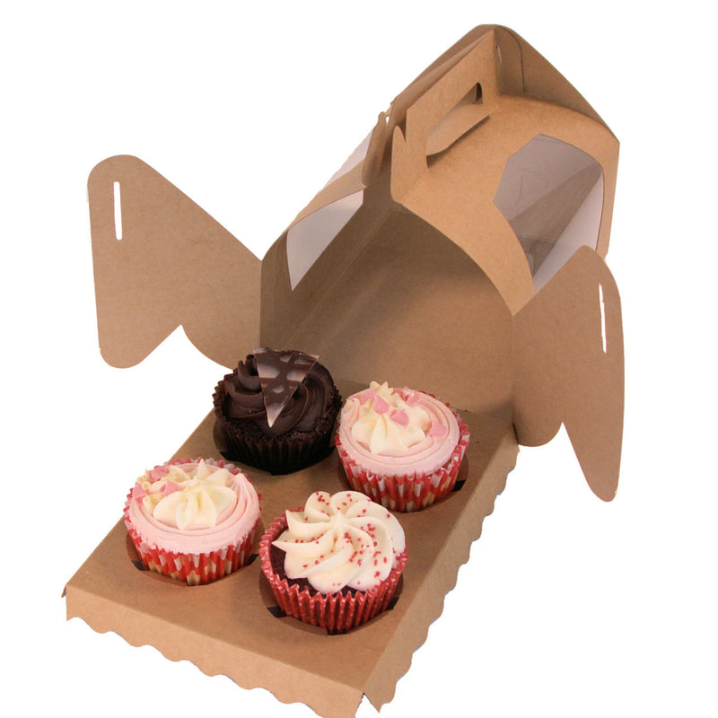 Kraft 4 Cupcake Box With Window, Handle & Insert Combo 8" x 8" x 4" - 100/Pack