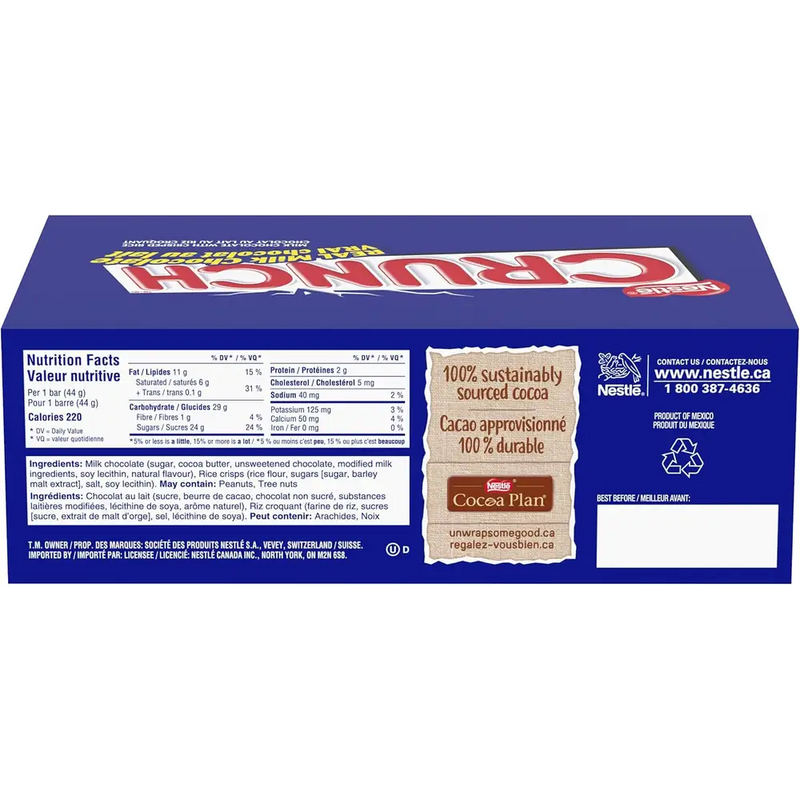 Nestle - Crunch Real Milk Chocolate Bar With Crisped Rice - 36 x 44g