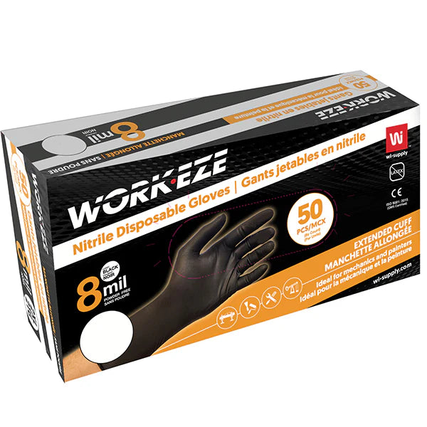 Nitrile Gloves Black Large Powder Free 8 mil Extended Cuff - 10 x 50/Case