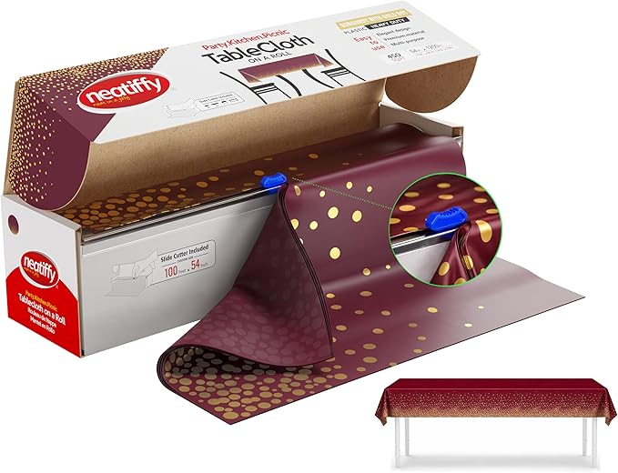 Disposable Plastic Tablecloth Roll Burgundy Gold Dots 54" x 100 ft - Each