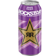 Purple can of Rockstar Grape Raisin energy drink with star logo on a white background