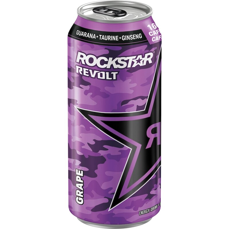 Purple and black Rockstar Revolt energy drink can on a white background
