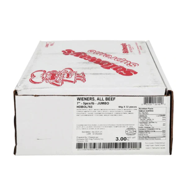 Soloway's - All Beef Jumbo Wieners 7"- 32 Pcs