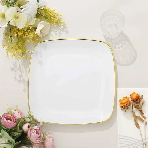 Square Plastic Plates With Gold Rim 10 inch, Party Dinner Plates