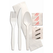 White Plastic Utensil Kit - Knife, Fork, Spoon, Napkin, Salt & Pepper - 500/Case