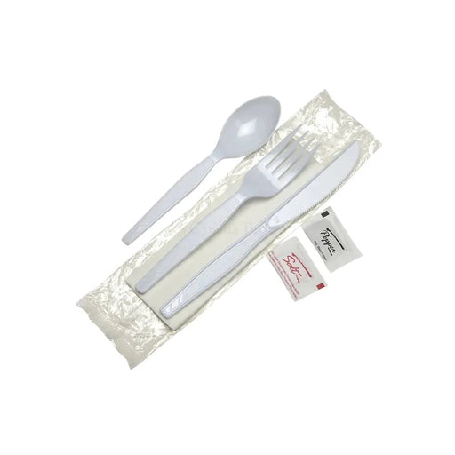 White Plastic Utensil Kit - Knife, Fork, Spoon, Napkin, Salt & Pepper - 500/Case