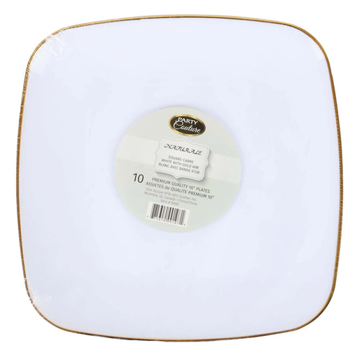 White Square Plastic Plates With Gold Rim 10 inch