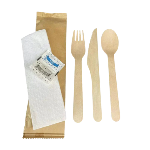 Wooden Utensil Kit Knife, Fork, Spoon, Napkin, Salt & Pepper - 500/Case