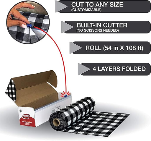 Disposable Plastic Tablecloth Roll Black Checkered 54" x 108 Ft - Each
