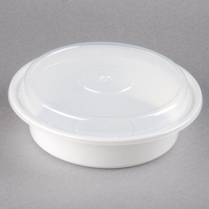 DURA - 48 Oz - 9" Microwaveable White Round Container + Clear Lid - 150 Sets