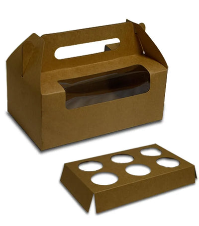 Kraft 6 Cupcake Box With Window, Handle & Insert Combo 12" x 8" x 4" - 100/Pack