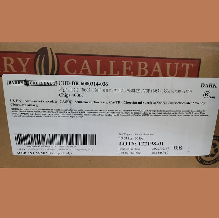 Barry Callebaut - Semi Sweet Dark Chocolate Chip 4000 Count - 30 Lbs - Bulk Mart