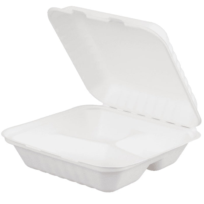 Dynasco - 8" x 8.7" x 3" Bagasse Clamshell Container 3 Compartment - 200/Case - Bulk Mart