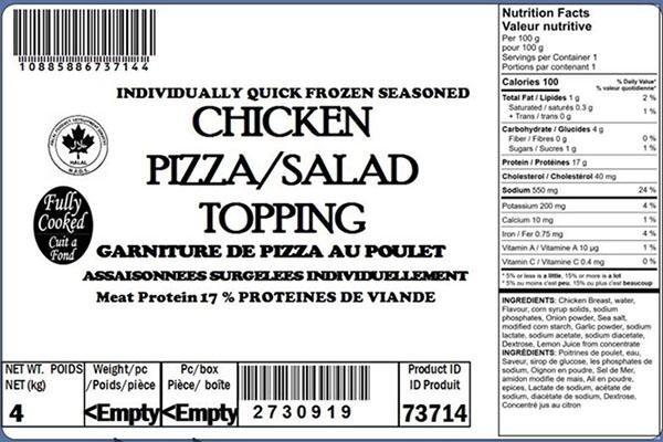 Glacial Treasure - Fully Cooked Chicken Pizza Salad Topping Halal - 4 Kg - Bulk Mart