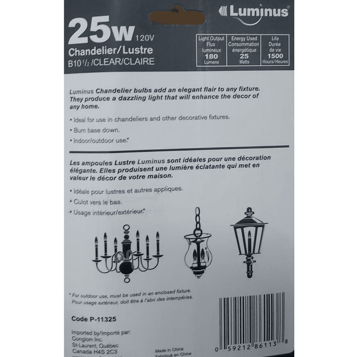 Luminus - 25W Clear Chandelier Light Bulb, P-11325 - 2 / Pack - Bulk Mart