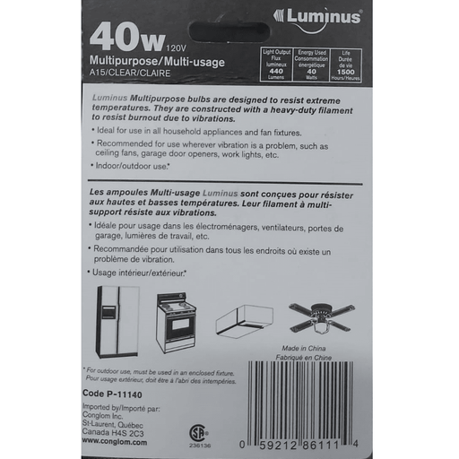 Luminus - 40W Clear Multipurpose Light Bulb, P-11140 - Each - Bulk Mart