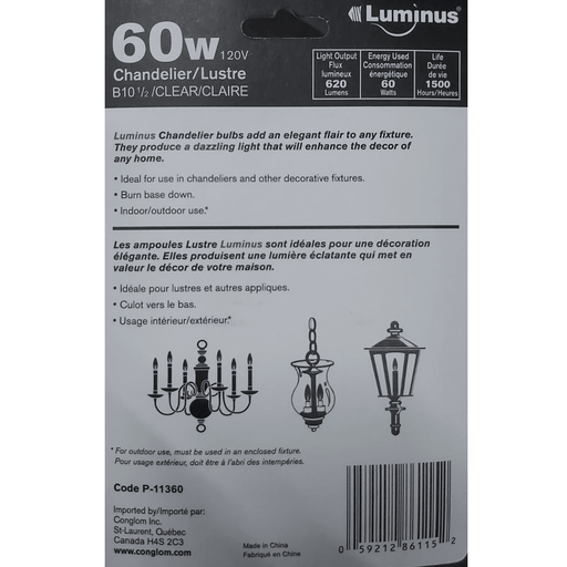 Luminus - 60W Clear Chandelier Light Bulb, P-11360 - 2 / Pack - Bulk Mart