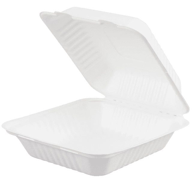 MC - 8.5" x 8.5" x 3" Biodegradable Sugarcane Hinged Lid Takeout Container - 200/Case - Bulk Mart