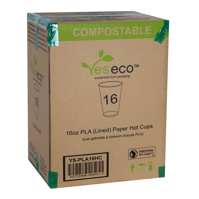Yeseco - 16 Oz Compostable Hot Paper Cups Printed PLA Lined - 20 x 50/Case - Bulk Mart