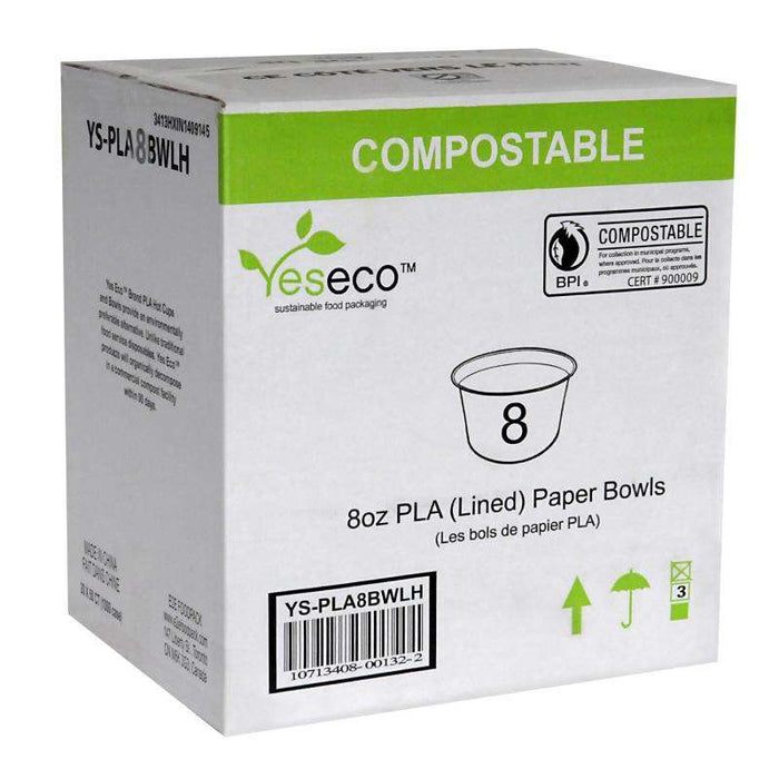 Yeseco - 8 Oz Compostable Paper Bowl Printed PLA Lined - 20 x 50/Case - Bulk Mart